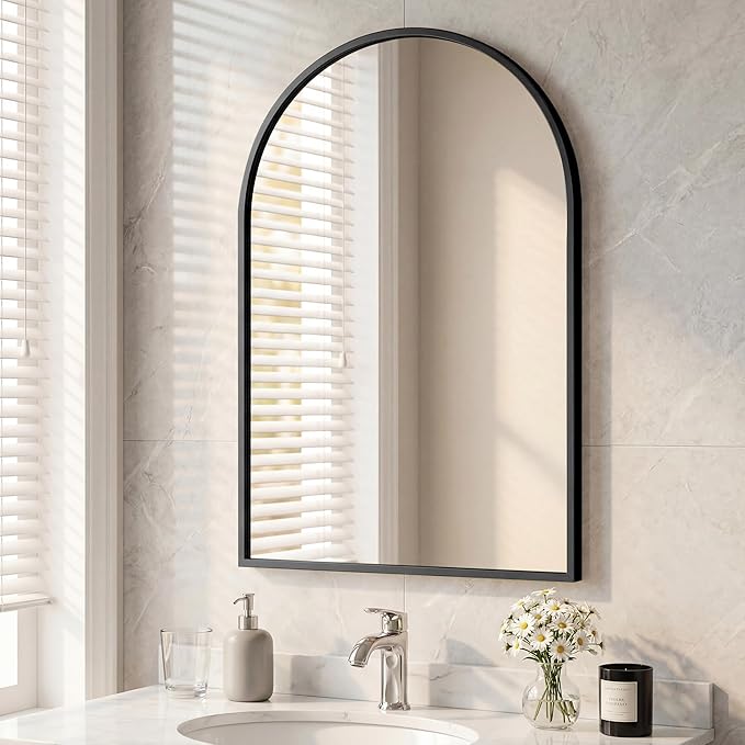Arched Black Bathroom Mirrors for Wall, 26x38-Inch Bathroom Mirror for Over Sink, Wall Vanity Mirror with Matte Metal Frame and HD Shatter-Proof Glass for Entryway, Living Room, Bedroom