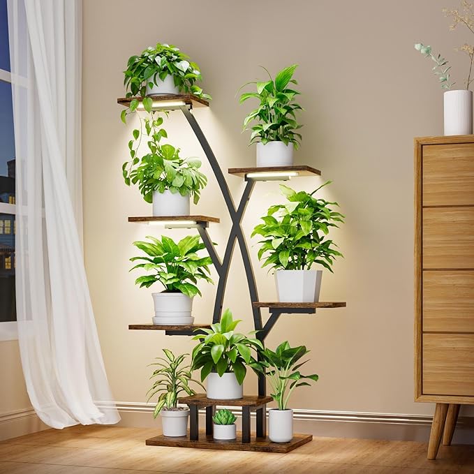 EVAWOO Plant Stand With Grow Lights - 7 Tiered Corner Shelf for Multiple Plants, 42" Metal Shelves, Flower Holder Display Rack for Indoor Home Patio Balcony