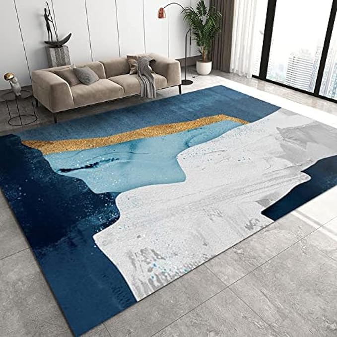 Abstract Ink Blue Gray Gold Geometry Art Area Rug, Nordic Fashion Minimalist Indoor Rug, Soft Foldable Non Slip Breathable Sofa Carpets for Living Room Bedroom Entryway Hotel Office 3x5ft