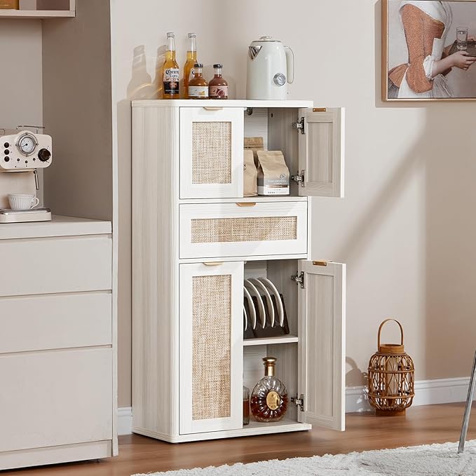 LEYAOYAO 48" Tall Storage Cabinet Set of 2,Rattan Bathroom Floor Cabinets with 2 Doors & 1Drawer,Boho Kitchen Pantry with Adjustable Shelves,Wooden Cupboard for Living Room,Home Office,White Cream Oak