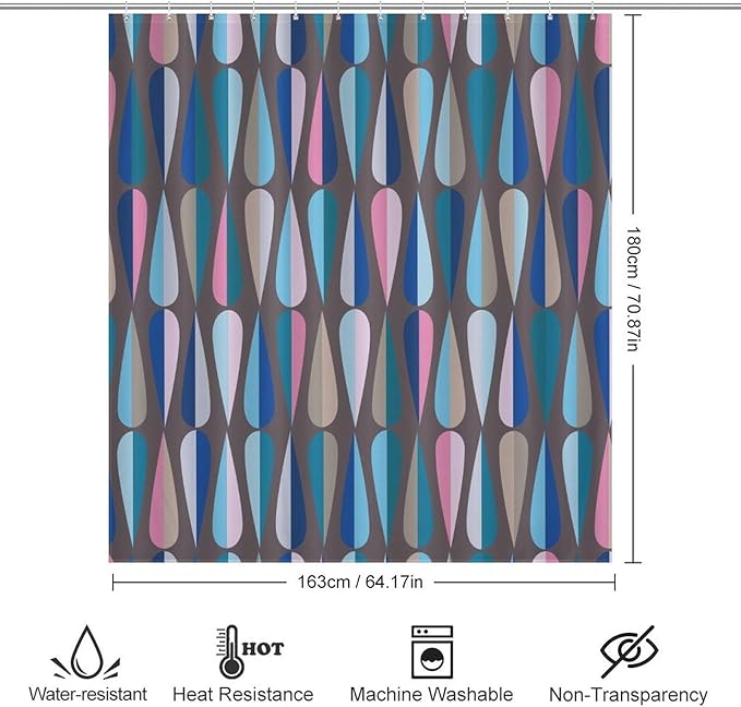 Mid Century Shower Curtain,Modern Colorful Abstract Geometric Drop Shapes Bathroom Curtain Polyester Waterproof Fabric Decor 66x72in（168x183cm）