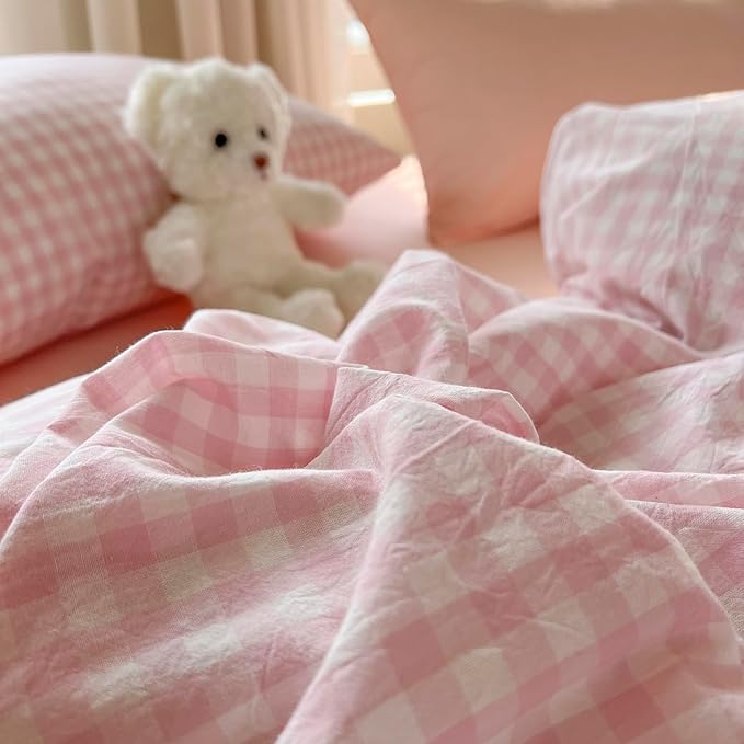 mixinni Light Pink Gingham Duvet Cover Set Twin XL Size - 100% Washed Cotton 3 Piece Plaid Checkered Bedding Set, Soft Comfy Grid Farmhouse Comforter Cover with Zipper Closure & Corner Ties