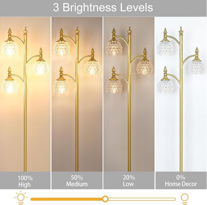Gold Flower Floor Lamp, Dimmable Tree Floor Lamps for Living Room Brass Tall Standing Lamp with 3 Brightness Lights Glass Shades 66.5'' Modern Corner Lamp for Bedroom Office(3LED Bulbs Included)