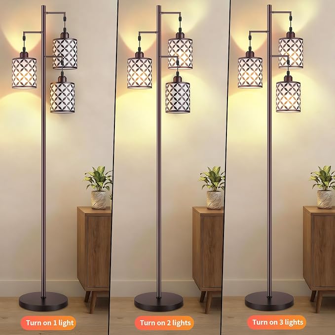Dimmable Floor Lamp, Farmhouse Standing Lamp with Elegant Metal Cage, Industrial Tall Tree Floor Lamps for Living Room, Bedroom, Study Room, Office, 3 x 800LM LED Bulbs Included, 72", Brown