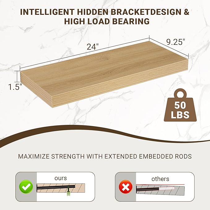 24 Inch Floating Shelves, 3D Textured Wood Grain, 24"x9.25"x1.5" Inch Deep Floating Shelves for Wall, Wooden Shelves for Bathroom, Bedroom, Living Room, Natural, 2 Pieces
