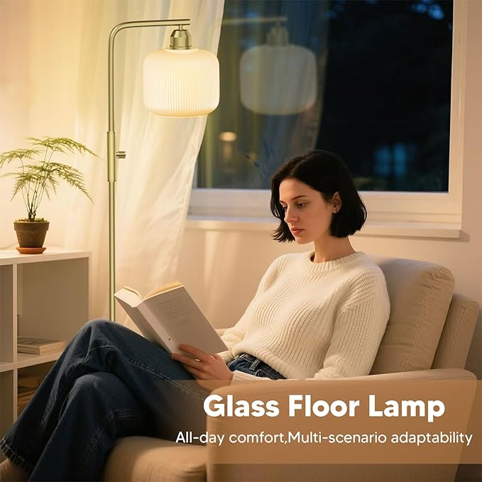 Glass Floor Lamp for Living Room, Modern Standing Lamp with White Glass Lampshade & Brushed Gold, Stepless Dimmable and Rotary Switch, 66” Tall Lamp & Gold Floor Lamp for Bedroom Study Room