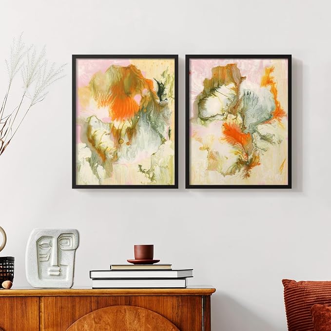 Renditions Gallery Set of 2 Peel & Stick Framed Prints, Modern Abstract Wall Art, Mix Color Oil Paint Design Wall Decor, Re-Stickable - Ready to Hang - 8"x10" - Black Frame LT588