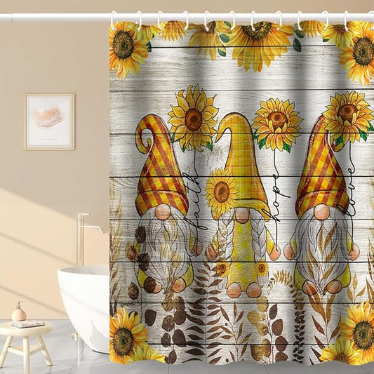Farmhouse Sunflowers Shower Curtains for Bathroom 60x72 Inch Funny Gnomes Wild Plants Country Wood Plank Bath Curtain Polyester Durable Fabric Decor Set with Plastic Hooks