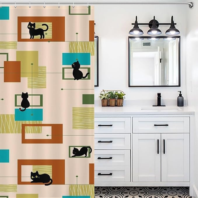 Mid Century Black Cat Shower Curtain,Vintage Abstract 60s Geometric Pattern Modern Decor Bathroom Curtain Polyester Waterproof Fabric 72x72in（183x183cm）