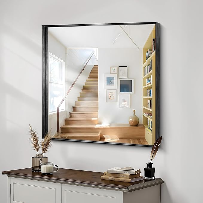 CIRCUMI Black Bathroom Mirror, 36"x36" Rectangular Mirror with Deep Metal Frame, Brushed Finish, Tempered Glass, Mirror for Wall, Oversink, Bedroom, Installed Vertically/Horizontally, Crystal-Clear