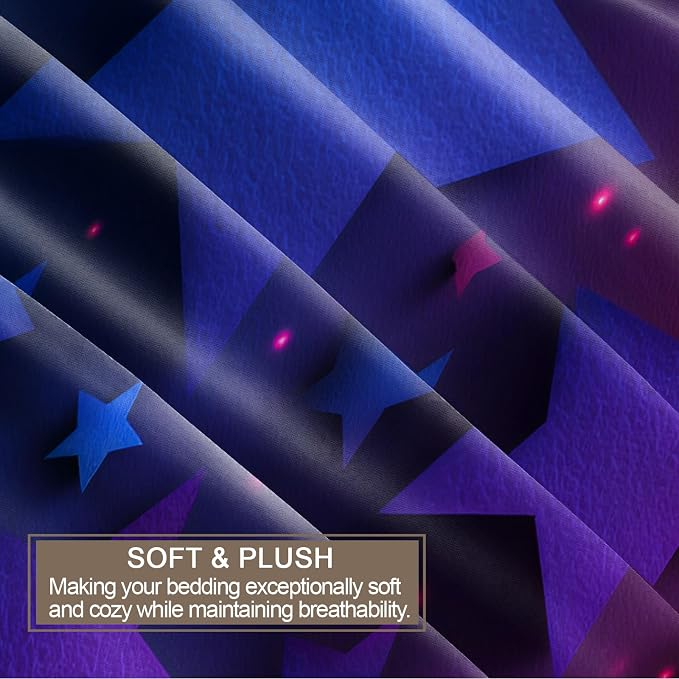 Blue Purple Stars Duvet Cover Queen Size, Colorful Dark Bedding Set 3 Piece, Neon Lights Stars Patterned Comforter Cover with Zipper Soft Microfiber, 2 Pillowcases