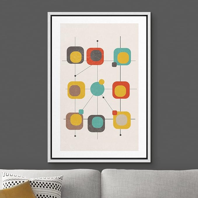 Woodrose Framed Canvas Print Wall Art Geometric Retro Color Block Variety Abstract Shapes Illustrations Modern Minimalist Chic Relax/Calm Multicolor for Living Room, Bedroom, Office - 24"x36" White
