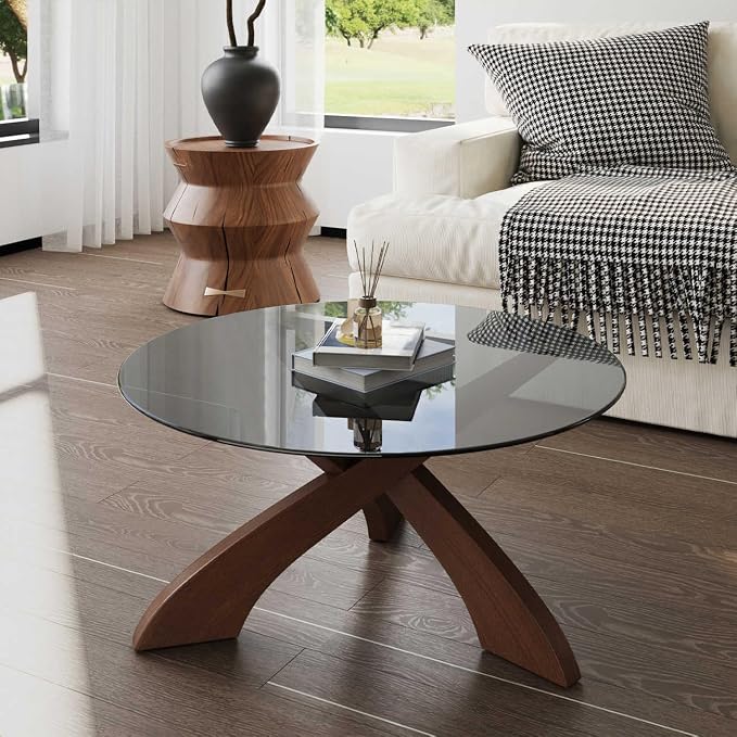 Honyee Glass Coffee Table, 30.7” Round Coffee Table with Tempered Glass Top, Walnut Wood X-Shaped Base, Stable Modern Center Table for Living Room, Apartment and Small Spaces