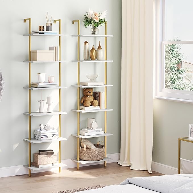 HOOBRO DIY Ladder Shelf, 6-Tier Wooden Wall Mounted Bookshelf, Narrow Gold Bookcase, Display Shelf, Storage Rack, Plant Stand, for Living Room, Bedroom, Study, Balcony, Marble and Gold DM651CJ01