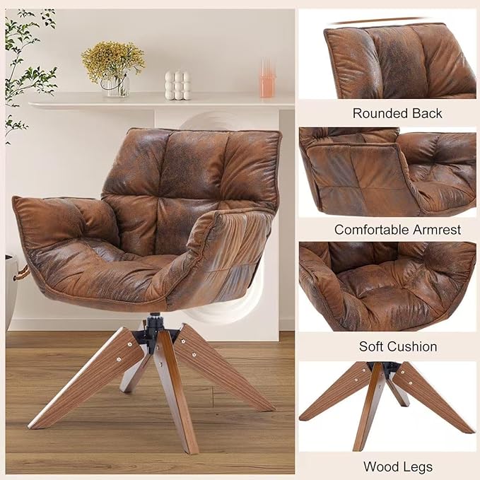 Mid Century Accent Chair, Hot Stamping Cloth Desk Chair no Wheel, Modern Cozy Vanity Chair Advanced & Wear-Resistant with Amrest, Wood Legs for Living Room, Reading Room, Bedroom (Brown)