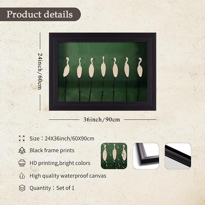 Japanese Cranes Wall Art 24x36 inch Vintage Framed Retro Bird Animal Canvas Poster Nature Minimalist Green Home Prints for Living Room Bedroom Office Decor