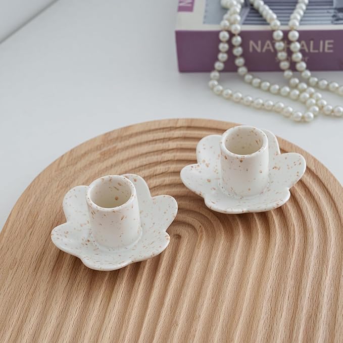 Ceramic Taper Candle Holders for Table Centerpiece, Decorative Candlestick Holders for Home Wedding Party, Housewarming Gifts,Pack of 2 (Flower Shape)