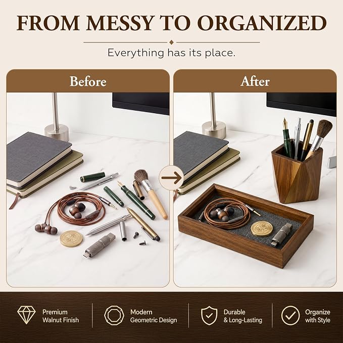 Marspark Walnut Desk Tray with Pen Holder Set, Non-Slip Desk Tray and Pencil Holder Set with Felt Lined, Natural Wooden Desktop Drawer Organizer Office, Organizer Trays for Keys, Pen, Watch