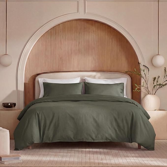100% Washed Cotton Duvet Cover Queen Size – Olive Green, Linen-Like Texture, Super Soft & Breathable Bedding Set, 3-Piece Durable Percale Comforter Cover