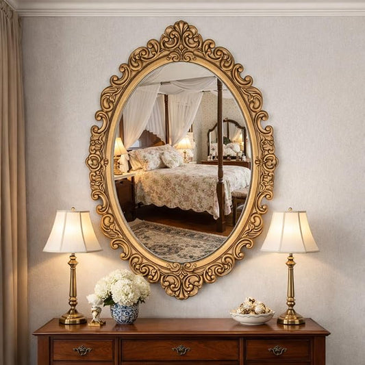Vercraft 24" x 36" Vintage Gold Mirror for Wall, Antique Gold Oval Baroque Mirror with Imitation Resin Frame, Ornate Wall Decor for Entryway, Fireplace, Living Room, Hallway