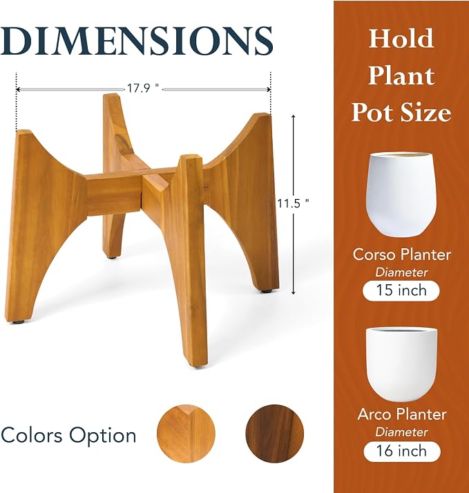 KUTE NEST 11.5" H x 17.9" W Acacia Solid Wood Plant Stand, Mid Century Plant Holder for Outdoor & Indoor Use, Ideal for Corso & Arco Planter, Golden Finish for Modern Home (Golden Teak, Low - Medium)