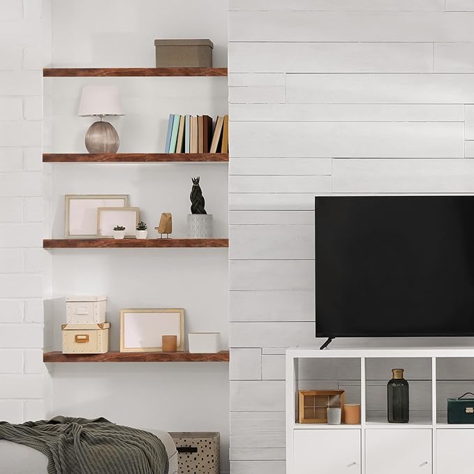 Sorbus Wood Floating Shelves for Wall - 35” Solid Wood Wall Shelves for Bathroom Decor, Books, Bedroom & Living Room - Set of 2 Walnut Wall Mounted Kitchen Shelves - Durable Solid Pine