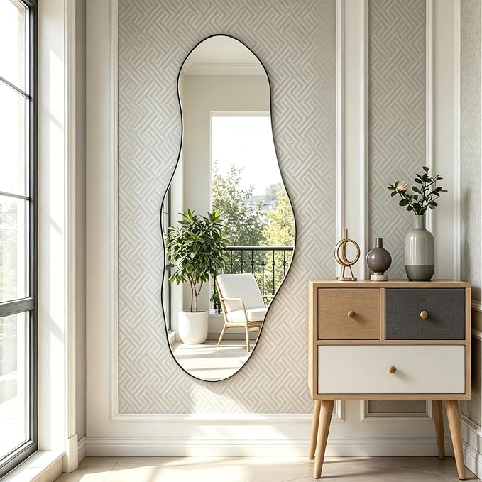 Large Irregular Wall Mirror, 55"x22" Asymmetrical Decorative Mirror with Black Metal Frame, Organic Shaped Mirrors for Entryway Bedroom Hallway Living Room, Horizontal/Vertical Hanging