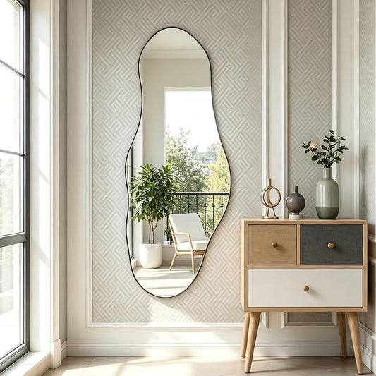 Large Irregular Wall Mirror, 55"x22" Asymmetrical Decorative Mirror with Black Metal Frame, Organic Shaped Mirrors for Entryway Bedroom Hallway Living Room, Horizontal/Vertical Hanging