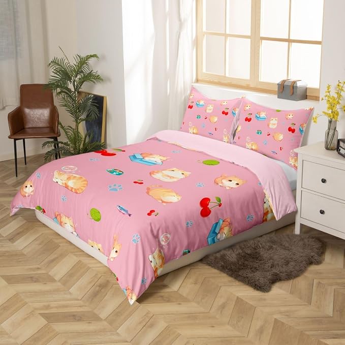 Erosebridal Pink Kitten Bedding Set King Cute Pet Cats Animals Duvet Cover Cherry Comforter Cover for Kids Girls Boys Adults Cat Paw Print Bed Set