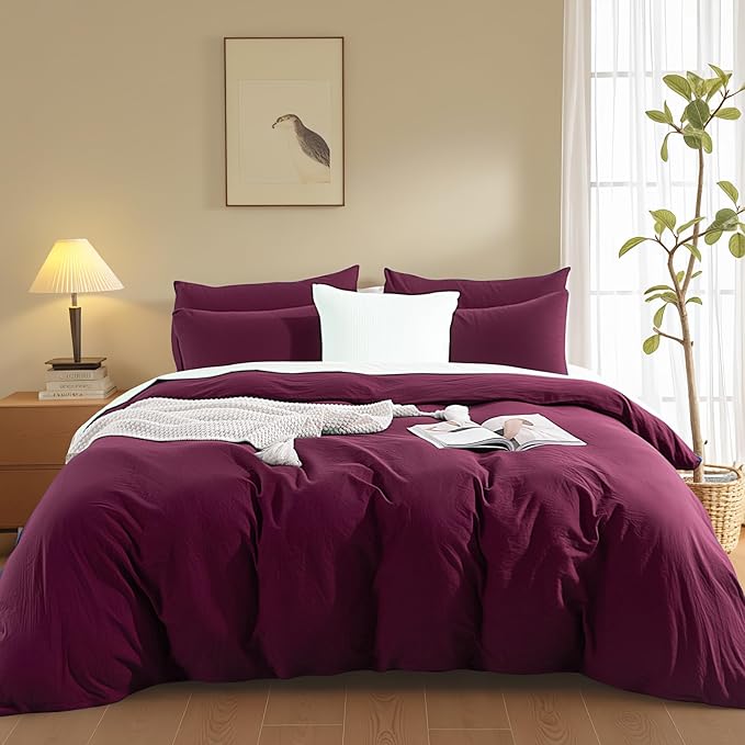 NEXHOME PRO 100% Washed Cotton Duvet Cover Twin Size, Ogranic Natural Linen Feel Breathable Bedding Set with Zipper Closure, 2 Pieces Duvet Cover Set Wine (No Comfortert) 6890