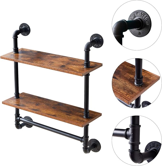 YMYNY Industrial Pipe Shelf Bracket, 2 Tiers Retro Wall Mounted Floating Shelf, Wood Look DIY Storage Shelving Bookshelf, UHRF-TM014