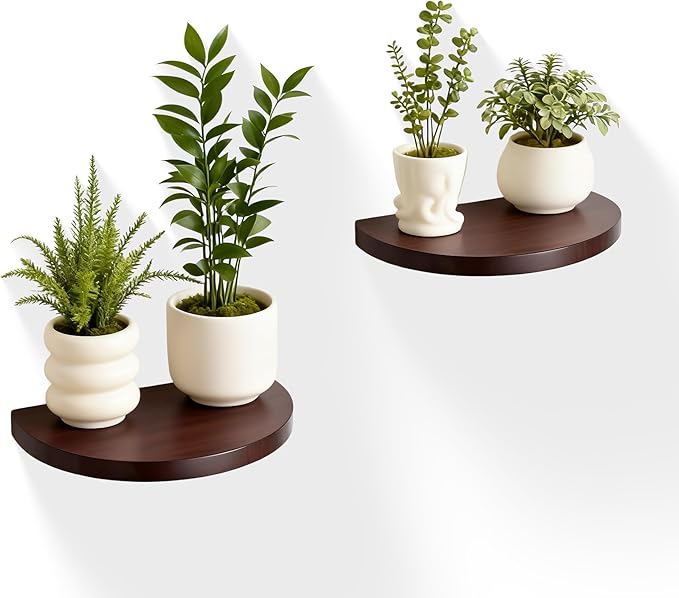 Small Wood Floating Shelves (2-Pack, 8-inch Diameter) - Round Sturdy Invisible Wall Mount Display for Small Plants,Toys,Bathroom,Living Room Storage & Modern Rustic Décor (Dark Walnut)