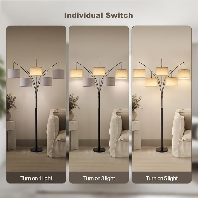 Floor Lamps for Living Room, 4000LM Super Bright Arc Floor Lamp with Remote Control, 5 Light Tall Floor Lamps with Stepless Dimmable, 80" Mid Century Tree Floor Lamp for Bedroom, Office