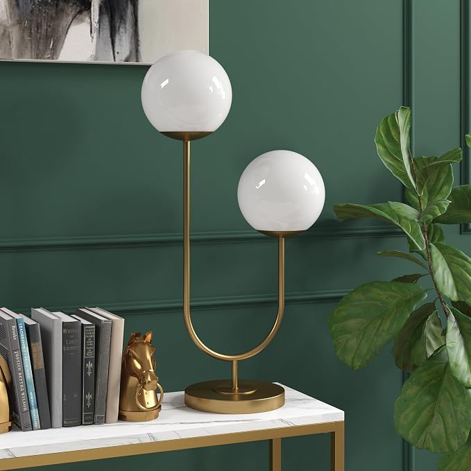 Henn&Hart 28" Mid-Century Modern 2-Light U-Shaped Table Lamp with White Milk Glass Globe Shade for Living Room, Bedroom, or Office, Gold