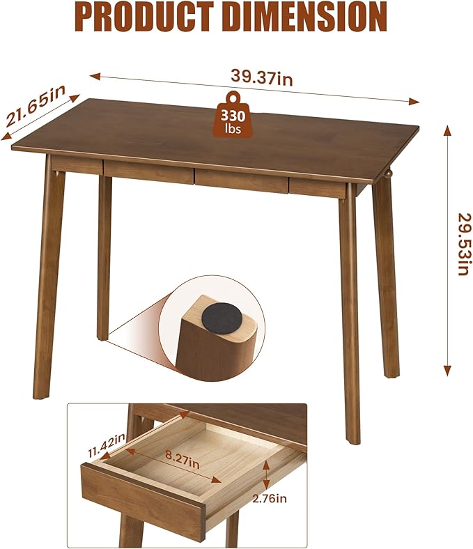 Solid Wood Desk with Drawers - 39 x 16 Inch Modern Narrow Desks, Rubber Wood Study Table, Small Writing Desk for Small Spaces|Bedroom - Black Desks