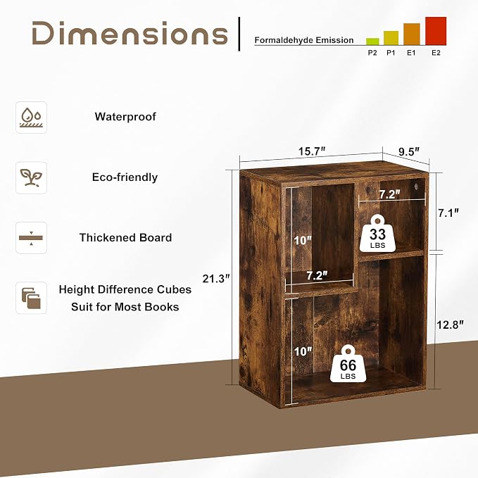 VECELO 3-Cube Small Bookshelf, Modern Bookcases with Shelves Height Up to 12.8 Inches, Suit for Common Size Textbook, Vertical or Horizontal, Cubby Storage Organizer,Rustic Brown