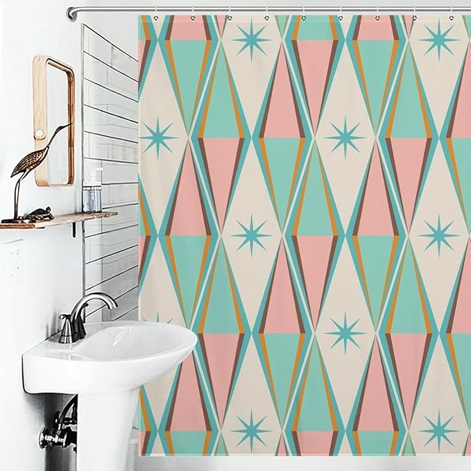 Mid Century Shower Curtain,Modern Abstract Atomic Retro 60s Geometric Fabric Bathroom Decor Curtains with Hooks 72x72in（183x183cm）
