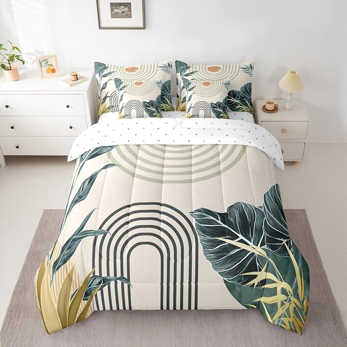 Erosebridal Mid Century Modern Full Comforter Set with Sheets 7 Piece Boho Tropical Leaves Palm Leaf Bed in A Bag Retro Geometric Line Art Bedding Sets Abstract Sun Aesthetic Arch Curve Bed Set