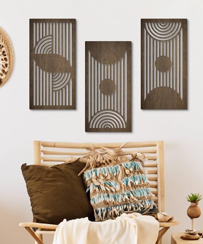 Putuo Decor Geometric Wood Wall Art Set of 3 Modern Mid-Century Modern Aesthetic Wall Decor Modern Wooden Wall Sculptures for Living Room Office Hallway Brown Line Art Decor