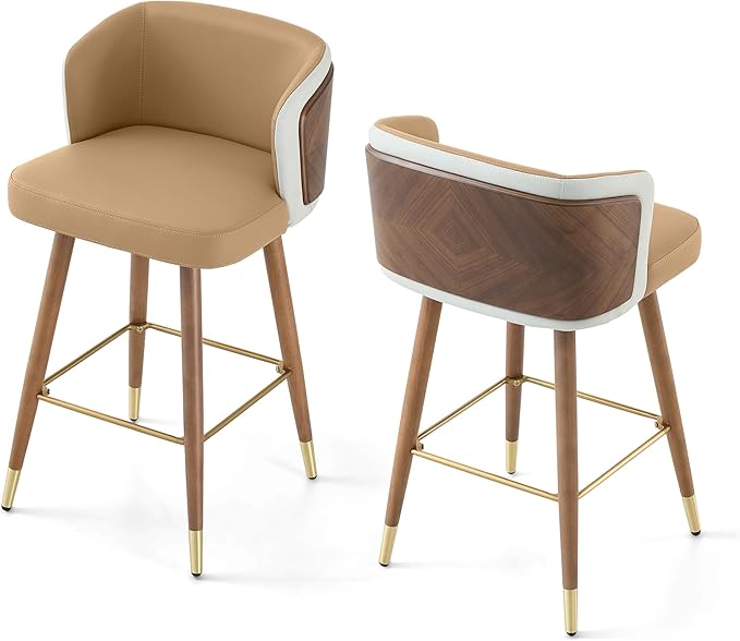 ARTPLAN Mid Century Modern Bar Stools Set of 2 for Counter Height - Leather Upholstered Seat with Walnut Wood Frame, Retro 34 Inch Bar Chairs for Home Kitchen Island, Bar, Breakfast Nook,Lingt Coffee