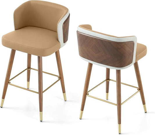 ARTPLAN Mid Century Modern Bar Stools Set of 2 for Counter Height - Leather Upholstered Seat with Walnut Wood Frame, Retro 34 Inch Bar Chairs for Home Kitchen Island, Bar, Breakfast Nook,Lingt Coffee