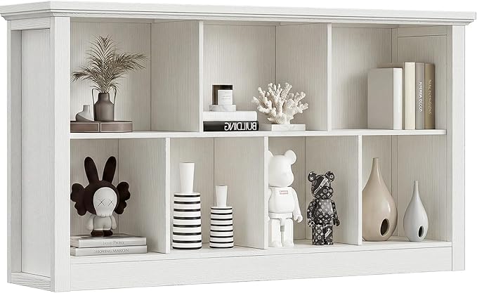 Unikito 7 Cube Storage Book Shelf - 47" Wide Wood Cube Storage Organizer, Wooden 2 Tiers Floor Standing Low Bookcase for Living Room, Bedroom, Home Office, Kids Room, Rustic White