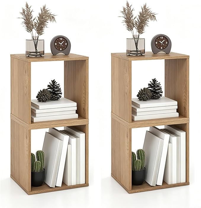 2 Stackable Cubes Bookcase, Wooden Cubby Storage Organizer with Anti-Tipping Device, Small Book Shelf for Small Space, Combination Square Bookshelf Cubes (2, Natural)