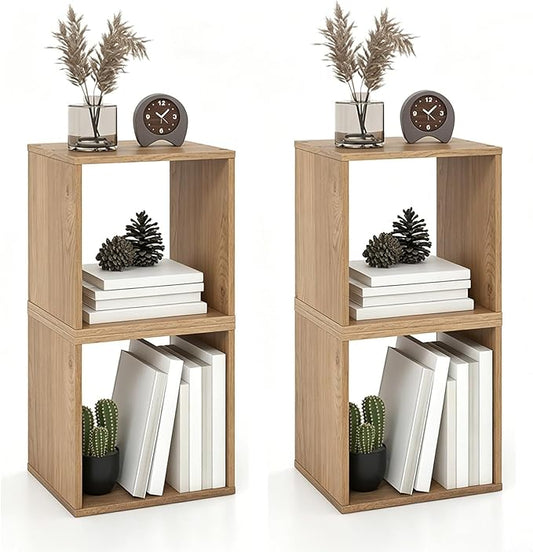 2 Stackable Cubes Bookcase, Wooden Cubby Storage Organizer with Anti-Tipping Device, Small Book Shelf for Small Space, Combination Square Bookshelf Cubes (2, Natural)