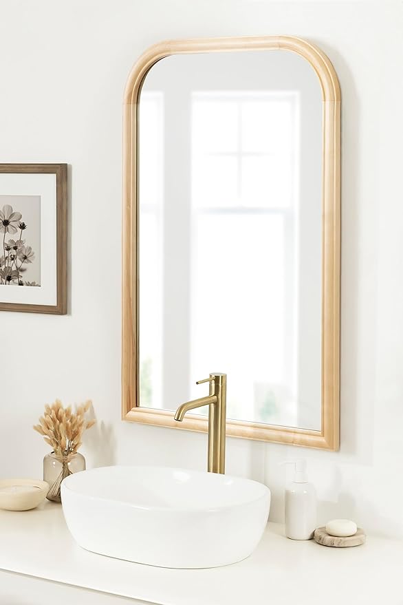 Kate and Laurel Glenby Mid-Century Modern Arch Wall Mirror, 24 x 36, Natural Wood, Wooden Arched Bathroom Mirror with Rounded and Stepped Frame Profile