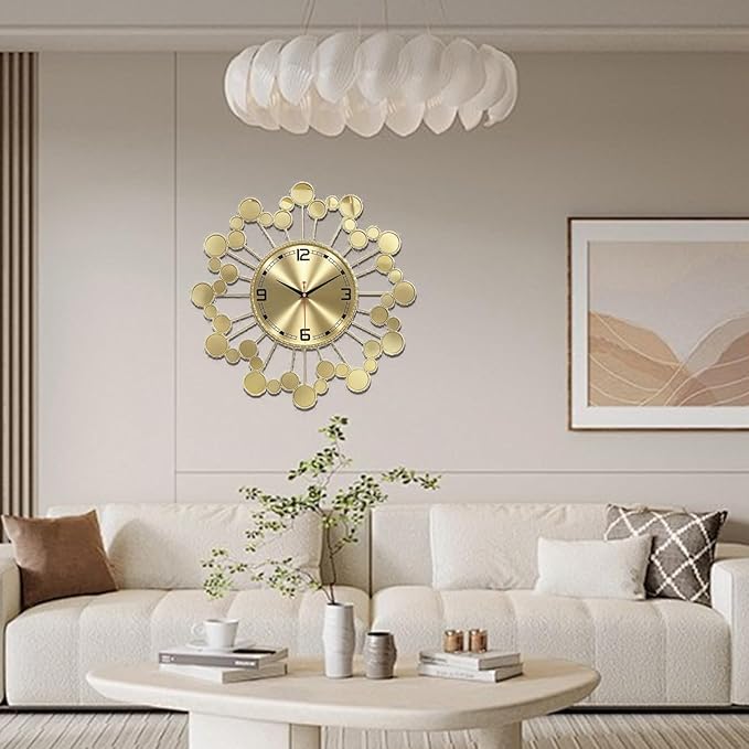 Mid Century Modern Gold Silent Wall Clock Non Ticking for Living Room, 23 inch Decorative Round Black Clock for Wall, Unique Metal Fancy Clock Wall Decor for Bedroom Entryway