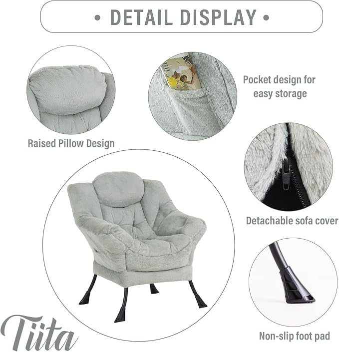 Tiita Lazy Chair with Ottoman, Green Modern Large Accent Chair, Comfy Leisure Sofa Armchair with Ottoman, Reading Chair with Footrest for Bedroom, Living Room, Dorm Rooms, Plush Green