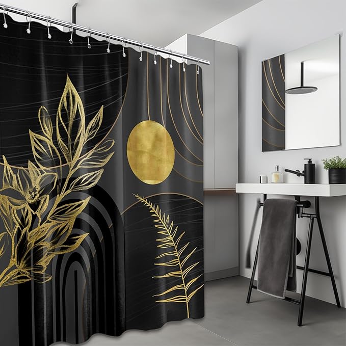 Black and Gold Shower Curtain Boho Mid Century Black and Dark Grey and Gold Shower Curtains for Bathroom Decor, Waterproof Cloth Fabric with Hooks, 70" W x 72" L