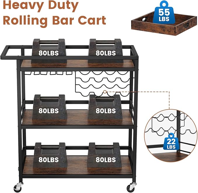 Leteuke Bar Cart for Home, 3 Tier Black Serving Rolling Carts with Wheels, Drink Cart, Liquor Stand with Removable Tray, Wine Rack and Glass Holder for Kitchen, Outdoor, Dining Room-Black Brown