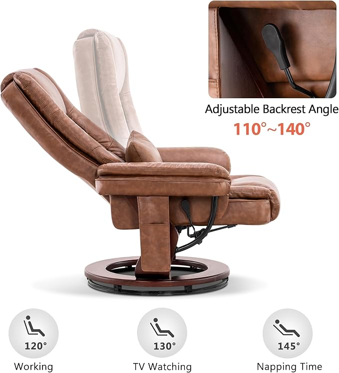 MCombo Swivel Recliner with Ottoman Chair, TV Chair Sets with Vibration Massage, for Small Space Living Room Bedroom 9096 9099 (Faux Leather, Saddle)